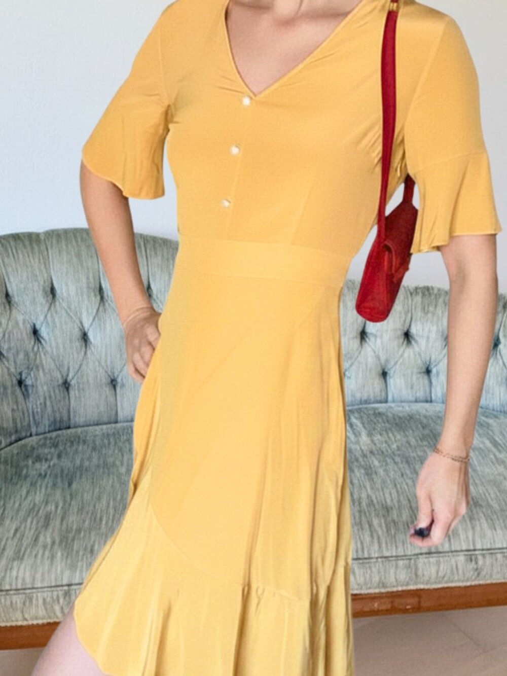 LILYSILK Washable Silk Faux Wrap Midi Dress Yellow Fall Wedding Guest XS